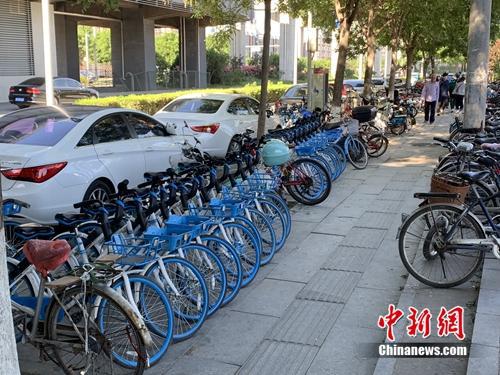 北京某郊区地铁口的共享单车。中新网 吴涛 摄