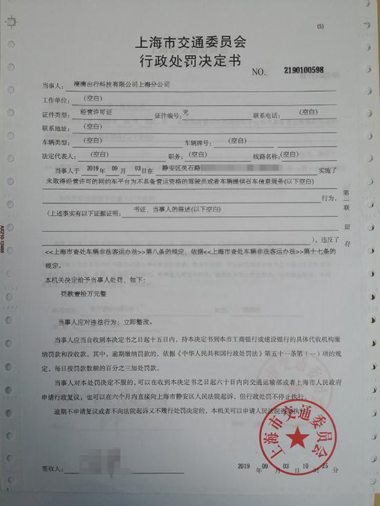 上海市交通委执法总队出具的对滴滴出行的罚单.