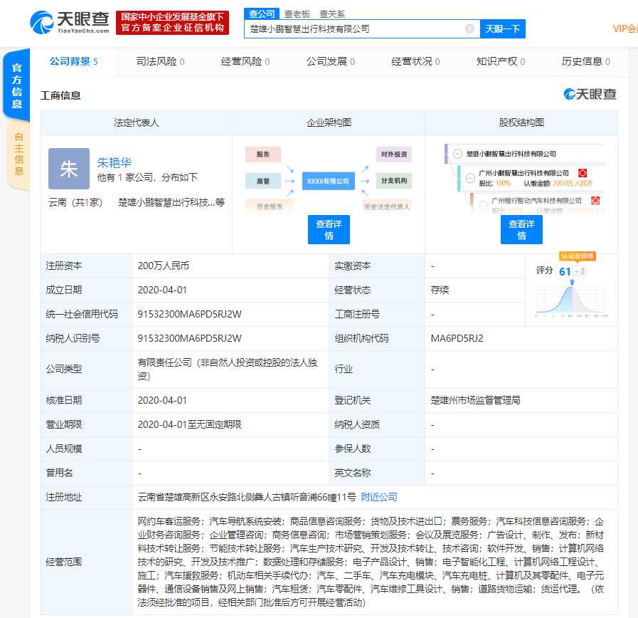 小鹏汽车新成立出行公司，公司经营范围包含网约车客运服务